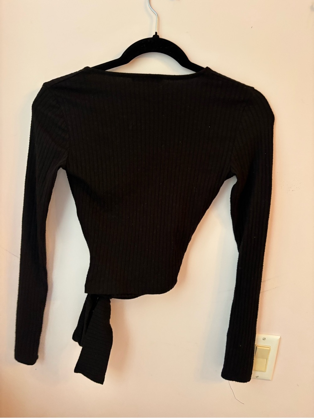 Zara Black Ribbed Wrap V-Neck Tie Waist Top - Picture 3 of 3
